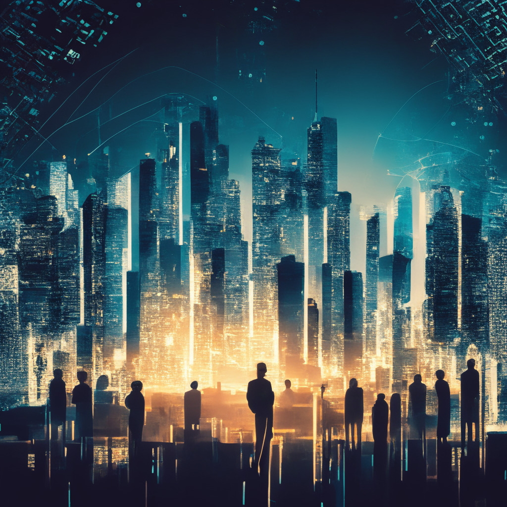 An intricate, futuristically styled image with a metropolitan Singapore cityscape at dusk overlaid with subtle, ethereal elements representing the Ethereum blockchain. Central subjects include abstractly emblematic figures associated with financial institutions, fintech providers, and investors standing around a large, glowing, tokenized VCC fund. Create an optimistic yet suspenseful mood casting the foreground figures in warm dimmed light, while capturing the behind scene in cool evening hues.