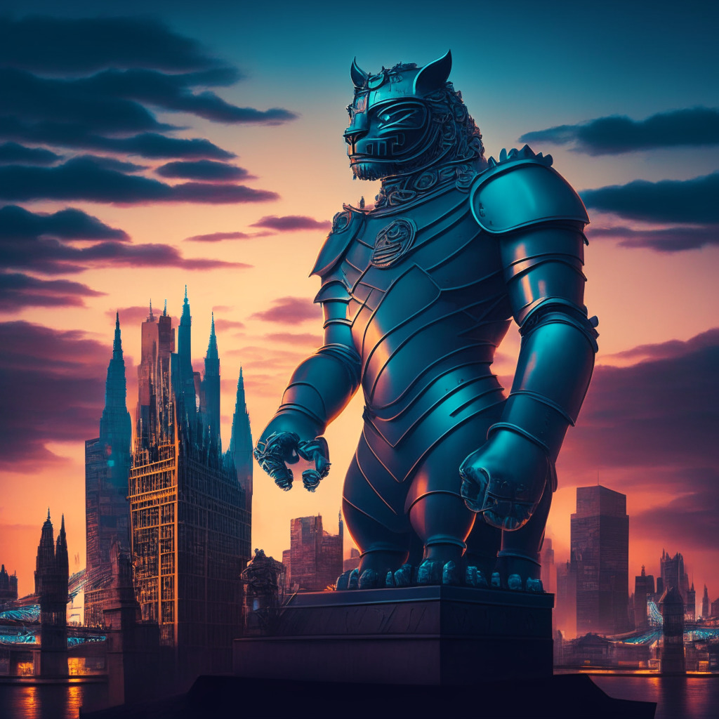 A majestic UK cityscape at dusk, steeped in surrealism, blending modern financial structures with vibrant digital elements. A central figure, a medieval knight (symbolizing Komainu), guards a glowing chest, a metaphor for digital assets. The mood is both celebratory and tense, embodying the balance between accomplishment and the potential challenges of regulation.