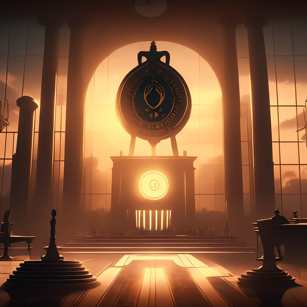 Sunset-lit scene of a classic courtroom. In the foreground, a giant hourglass symbolizing a deadline. In the mid-ground, a shield engraved with cryptocurrency symbols depicting regulatory compliance, and a chain cuffing a document symbolizing restriction on crypto ads. In the background, a foggy horizon representing uncertainty. Atmosphere of tension, in the style of film noir.