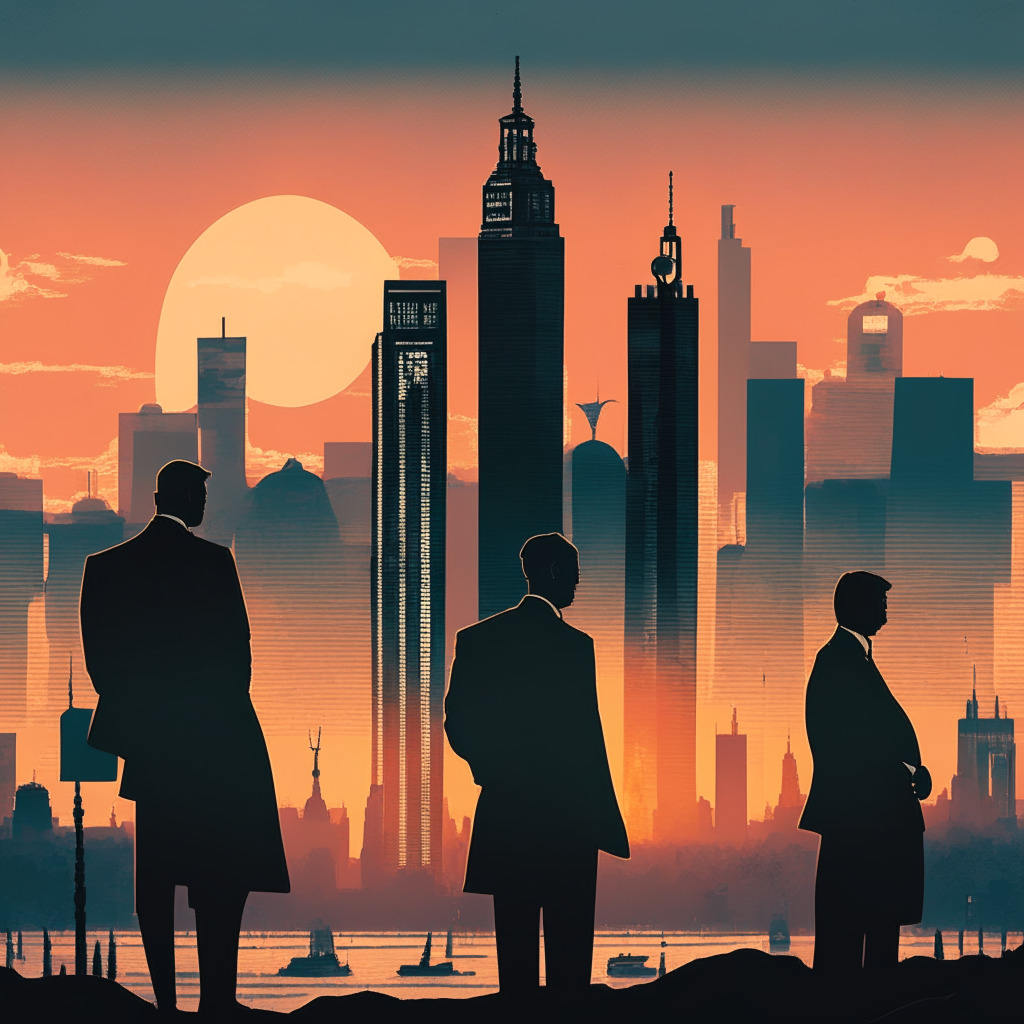 A muted colour palette of a looming regulatory landscape at sunset depicting a modern London city skyline, distinct crypto-related icons interspersed subtly. In the foreground, authoritative Victorian-style figures symbolizing the Financial Conduct Authority sternly guiding digital forms embodying cryptocurrency exchanges. The mood is tense, glowing risqué yet cautiously optimistic.