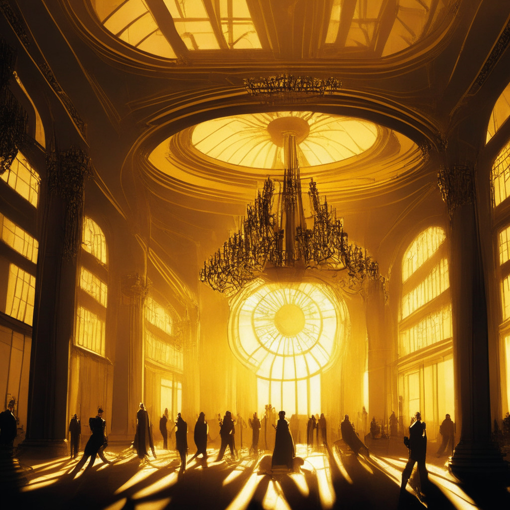 An ornate grand ballroom representing Canadian financial technology realm, embroiled in a dance with shadowy figures that personify regulatory authorities, the air thick with tension, suspense, and intrigue. Warm yellow, early evening light streaming through grand windows illuminates a vintage scene, and at the center, a pair of balanced scales symbolising the delicate equilibrium and tug of war between crypto innovation and regulation. The dancers hold a vibrant chain symbolising blockchain as they waltz rhythmically, their faces a mix of concentration and anticipation, their movement signifying the unstable nature of stablecoins in the market. The mood is intense yet curiously thrilling, the dance, an unpredictable yet beautiful symphony. The ceiling captures cosmic details, representing the vast, enigmatic crypto universe.