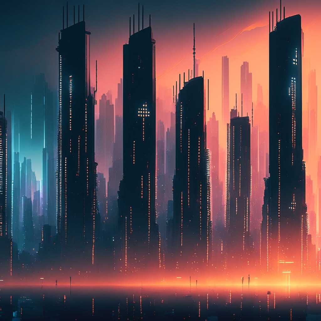 A futuristic cityscape at dusk, bathed in a soft twilight glow depicting blockchain revolution. Towers of binary code, a decentralized network haloed by radiant light symbolizing incorruptible ledger integrity, fading intermediaries. A grand library to represent knowledge sharing. Ambiguous shadows contrast transparency, hinting at unused possibilities & unaddressed concerns. Artistic style: post-modern cyberpunk.