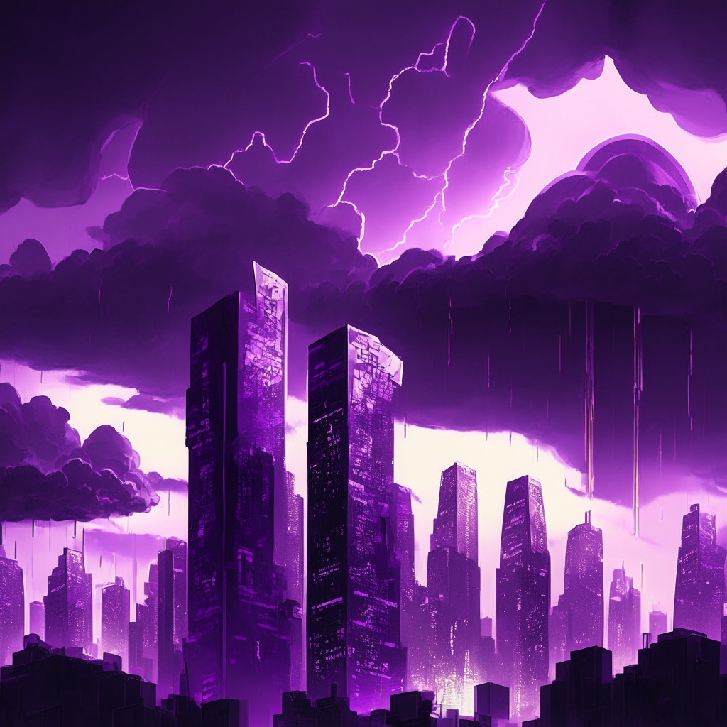 Depict a futuristic cityscape at dusk with gleaming skyscrapers signifying economic power. The sky should reflect shades of violet, illustrating High inflation and economic uncertainty. Intersperse with flashy digital coins, symbolizing Dirham-backed stablecoin DRAM. Include regulatory roadblocks, denoted as looming dark clouds. Portray a ray of hope cutting through clouds, hinting at potential blockchain financial innovation, giving a surreal yet revolutionary vibe.