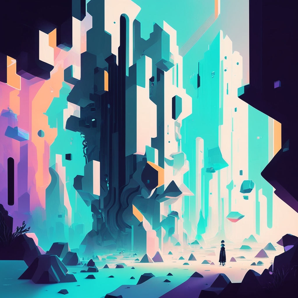 A futuristic digital landscape depicting artificial intelligence and blockchain impact on the gaming industry, rendered in an expressive, modernistic style. Present light hues to convey potential and optimism, but add subtle shadows suggesting unresolved challenges. Depict abstract representations of AI optimising game experiences and blockchain securing data. Convey a feeling of curiosity and cautious anticipation.