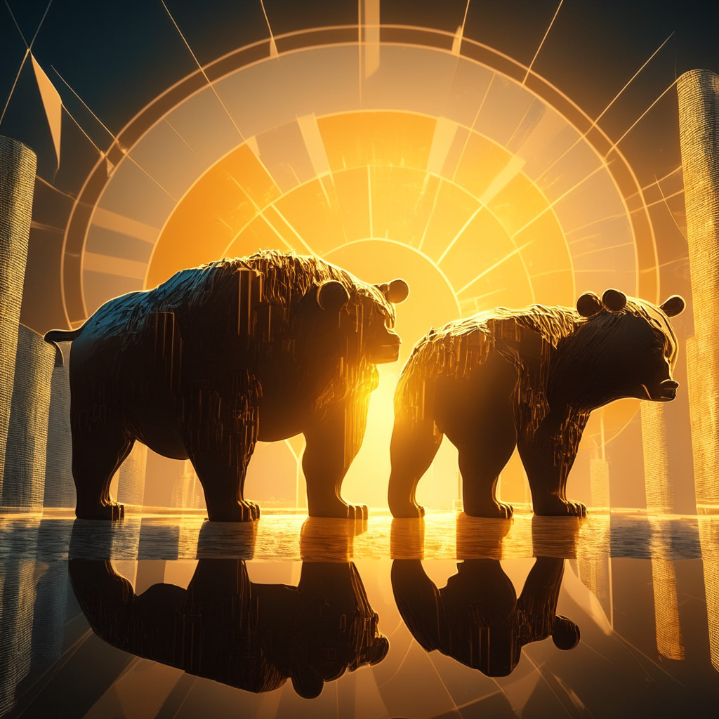 A dynamic, futuristic financial landscape bathed in assertive sunrise light - representing optimism, and turmoil. Center stage features an imposing bullish Bitcoin, its digital form shimmering with radiant strength. Shadows cast by mighty 'bear steepeners', embody economic uncertainties, looming over radiant bitcoin. The background reveals a precarious balance on an economic chessboard, representing volatility and intricate interplay of factors in digital finance. The color palette marries intense oranges and blues, signifying both impending danger and harboring hope.