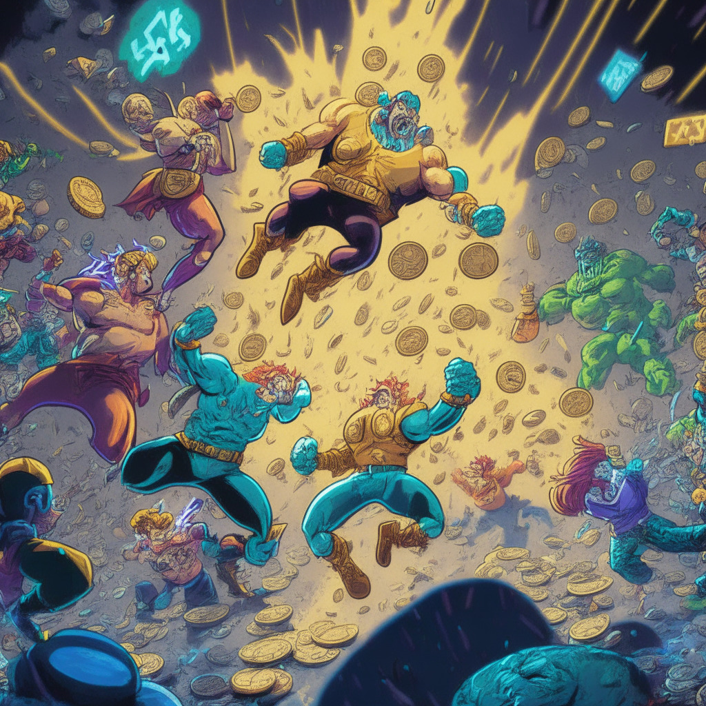 A dynamic scene of meme characters engaged in a lively combat, cryptocurrency coins raining down, representative of high yield stake economy. Depiction infused with comic-book style rendering, highlighting rich, vibrant colors. Lighting emanates from a dramatic, intense battle, casting a suspenseful, high-stake mood over the digital landscape.