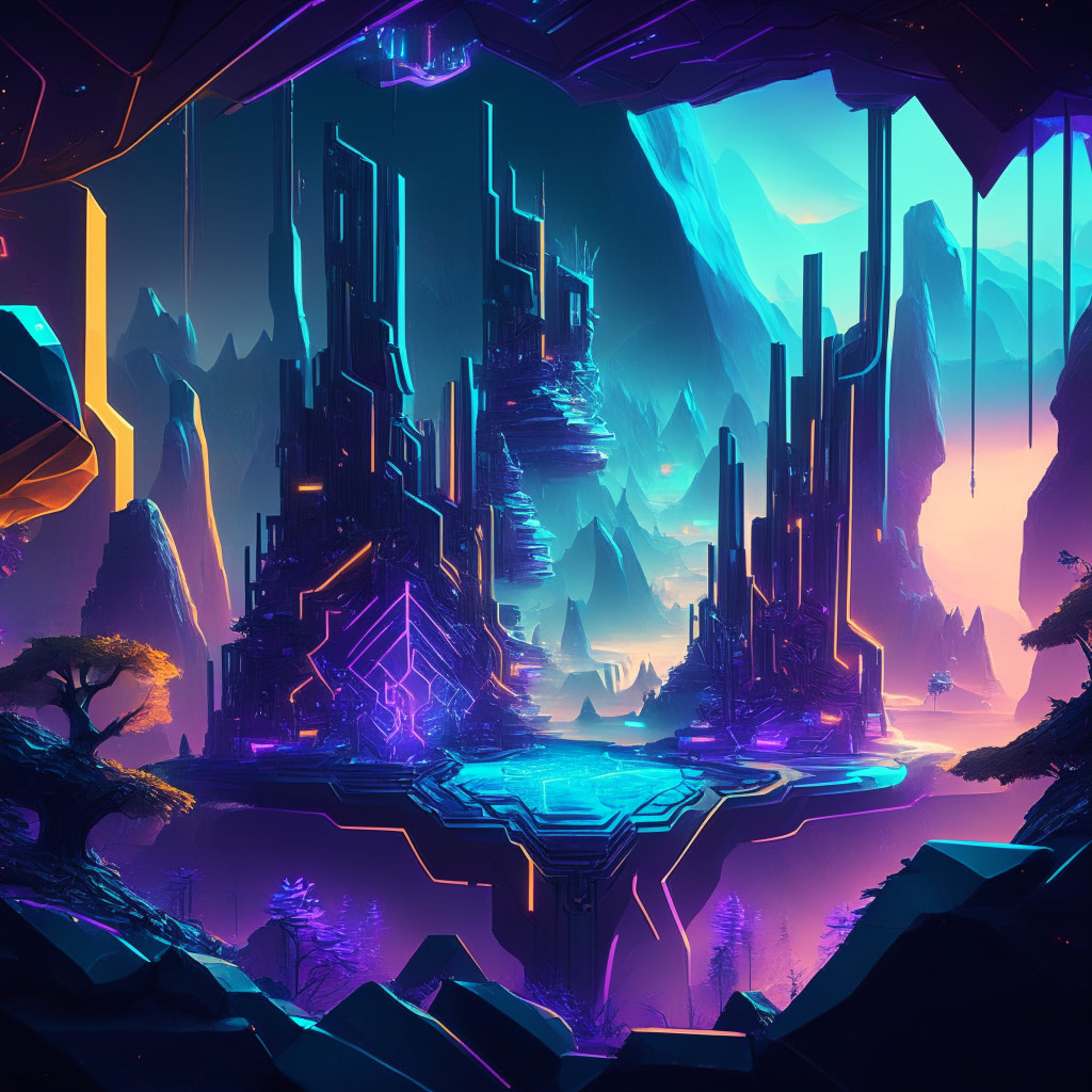 Imaginative, futuristic scene, cybernetic elements, and data streams, depicting a vibrant, intricate landscape of a AAA game constructed by DApps. The lighting should be dynamic, creating a luminous atmosphere to reflect the notion of blockchain technology. Using a palette of cool, metallic colors for a high-tech feel, also incorporate elements representative of parallel computing and asynchronous messaging in the design. Convey a sense of wonder but also the challenges and complexity in the immersive gaming world.