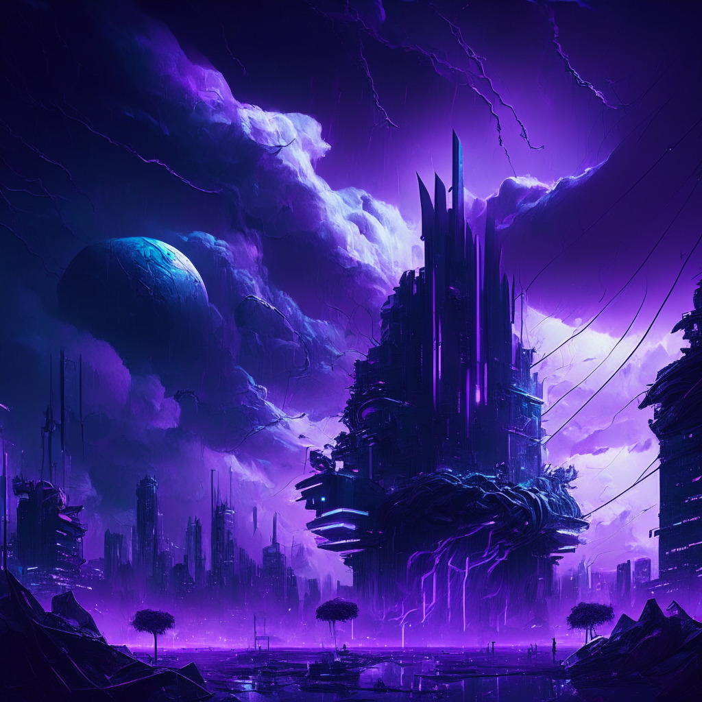 Surreal digital landscape at moonlight, cold blues and purples dominant, a futuristic city with blockchain structures, a chaotic storm brewing over one. Metaphorical representation of Goliath-like hackers trying to plunder, compensated by overwhelming heatwave symbolizing soaring gas prices. Mood: tense drama, harsh criticism, and ultimately, reassuring security.