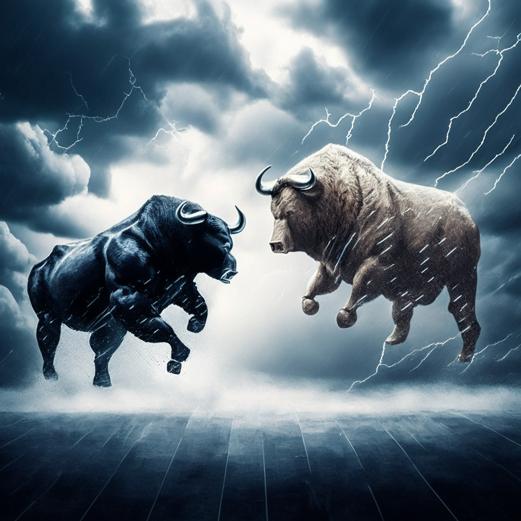 A bull and a bear locked in a dynamic struggle under a dramatic, storm-laden sky, the bull symbolizing an optimistic surge in cryptocurrency values while the bear represents traders disappointed with the sudden rise, Bitcoin and Ethereum coins peeking emerged partially from their shadows, Ethereum futures papers fluttering in the tumultuous wind, charts overlaid with the upward trending 'Three White Soldiers' pattern, Shanghai skyline subtly hinted as a background element, the emotive palette filled with tones of cautious optimism and trepidation.