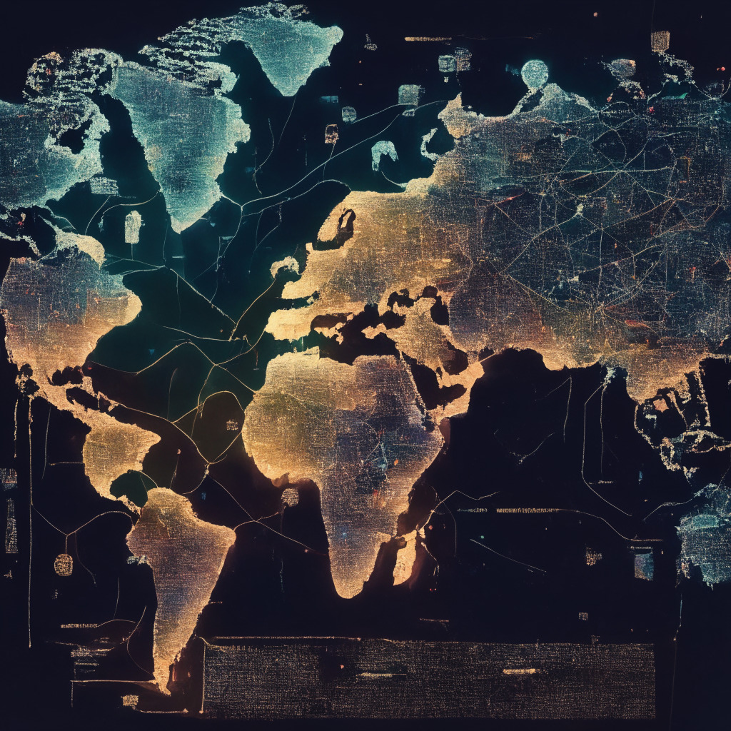 A dynamically illuminated global map displaying illuminated pathways highlighting cross-border cryptocurrency flows in watercolor style, with nodes representing centralized banks and crypto exchanges, harnessing the intense yet mystifying mood of the blockchain and cryptocurrency realm, implying transparency yet a sense of scepticism lurking in the darkness.