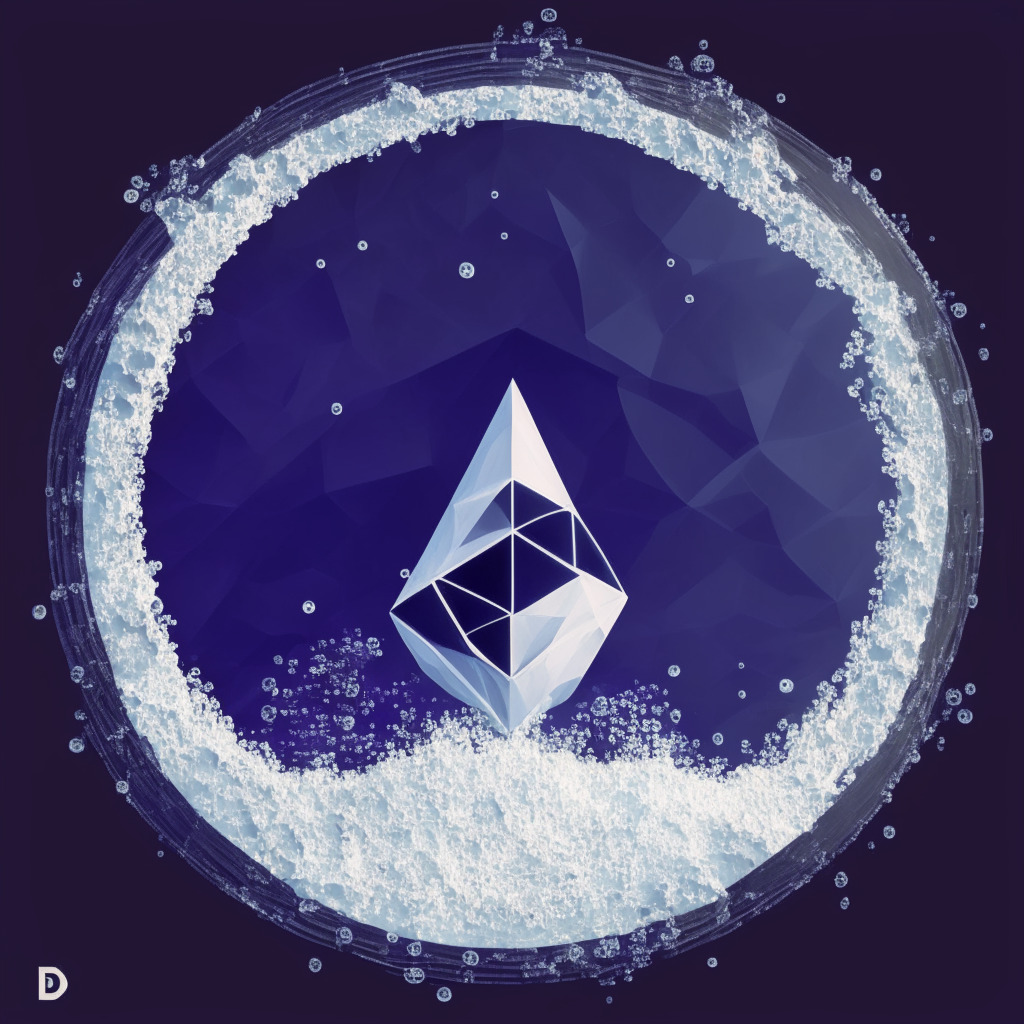 A dynamic image of the Ethereum logo superimposed on a shimmering, digital ocean, framed by the geometric shapes representative of the Polygon scaling protocol, symbolizing the launching of Circle's native USDC tokens. The art should feature subdued colors, set under a muted grey light to reflect an air of cautious optimism and potential risks. The overall mood should be full of anticipation yet slightly brooding, depicting the transformative potential and challenges of blockchain and financial tech.