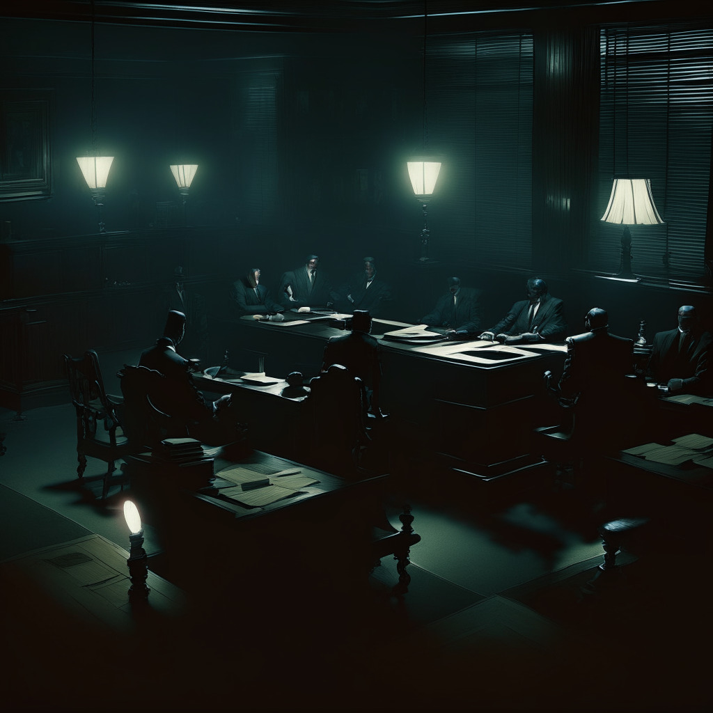 A late-night court room in subtle dark hues, lit by a dim table lamp and the glow of dense legal documents scattered across a mahogany desk. Lawyers engrossed in a tense discussion, personifying the intertwining threads of a complex financial ordeal. A heavy atmosphere of uncertainty envelops the room, hinting at the looming repercussions of a disputed $200M loan transaction.