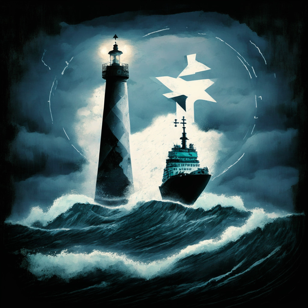 A turbulent financial ocean under a stormy twilight sky. In the foreground, a symbolic ship navigated by a woman (representing the CFO) changes direction towards a lighthouse shaped like a medical cross (representing Maven Clinic). The Ripple logo subtly imprinted on the ship's sail. In the background, a half-sunken ship symbolizes Ripple, shrouded in mist and mystery, grappling with mammoth sea waves depicting the SEC struggle. An astral projection of a coin in the sky representing XRP, slightly dimmed. The thriving crypto landscape represented by a complex cityscape silhouette on the far shore. The painting style reminiscent of Romanticism, exuding a sense of uncertainty, transition and foreboding.