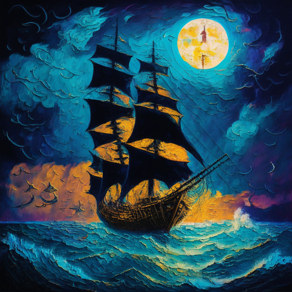A vibrant abstract painting of a traditional ship navigating through rough, stormy seas under a luminescent October moonlight, interspersed with abstract symbols of Bitcoin and other cryptocurrencies. The painting emanates an edgy, suspenseful mood, illustrating the uncertainty and potential risks of the 'Uptober' crypto market.