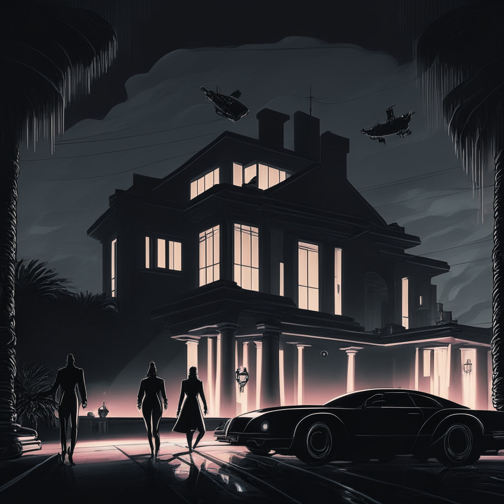 Dramatic cyber-heist scene at dusk, stylized in noir, with mysterious figures around luxurious cars and elegance homes. An air of tension, futuristic digital elements personifying crypto assets, traces of Investigative teams in pursuit. Final juxtaposition: a bright emblem symbolizing regulatory scrutiny overseeing the scene, enhancing the mood of suspense and ambiguity.