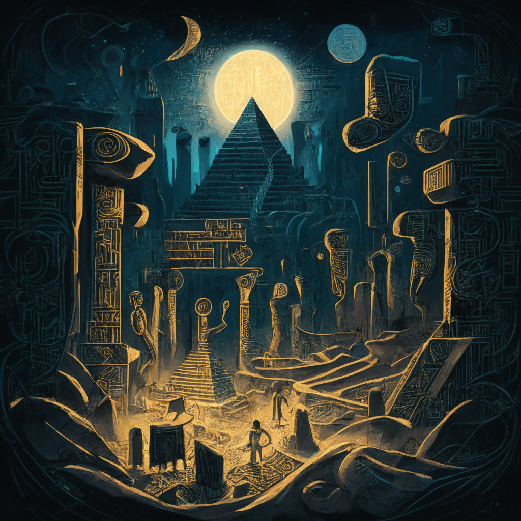 Ancient Egyptian-tinged visuals, moonlit scene, amidst a tumultuous blockchain network, symbolizing an elaborate crypto scandal. Intricate depictions of swirling Ether, simplified image of sleek tokens as falling dominos. Impressionist style, murky color palette represents downside risks. Overall mood is suspenseful, mysterious with tints of uncertainty.
