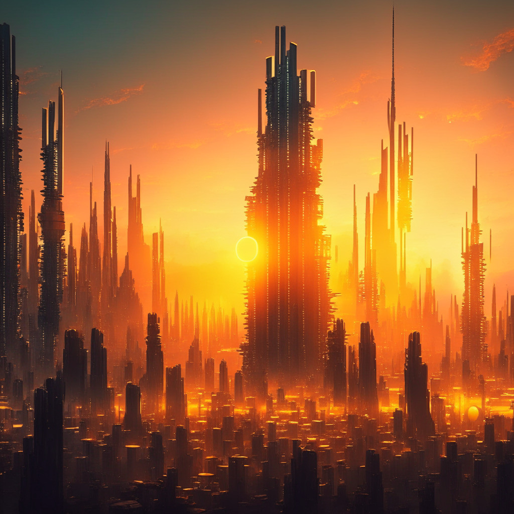 Dystopian futuristic city encapsulating the world of crypto, tall towers representing blockchain networks, shimmering with the glow of countless Bitcoins, city streets buzzing with potential investors, a large scale, digital style mining operation in the foreground. Sun setting behind the high-tech city, casting an ethereal, golden glow symbolizing the expectation of an innovative investment opportunity, The mood slightly surreal yet filled with intrigue and anticipation.