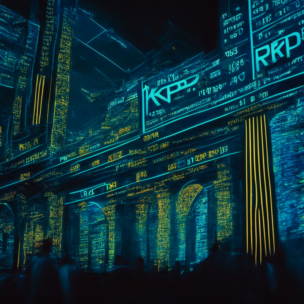 A digitally rendered image of a grand stock exchange platform showing the frenzied activity of trade, the plummeting price of a prominent digital currency: XRP, visible on an ornate retro-style ticker tape. Captured in muted colors, nighttime setting, mimicking the mood of uncertainty and suspense. The image also features the movement of large quantities of XRP between two imposing structures, symbolizing the crypto exchanges Bitso and Bitstamp. Lastly, the foreground depicts an abstract representation of cross-border payments, being propelled by this digital currency in a seamless fashion, illustrating their blossoming partnership.