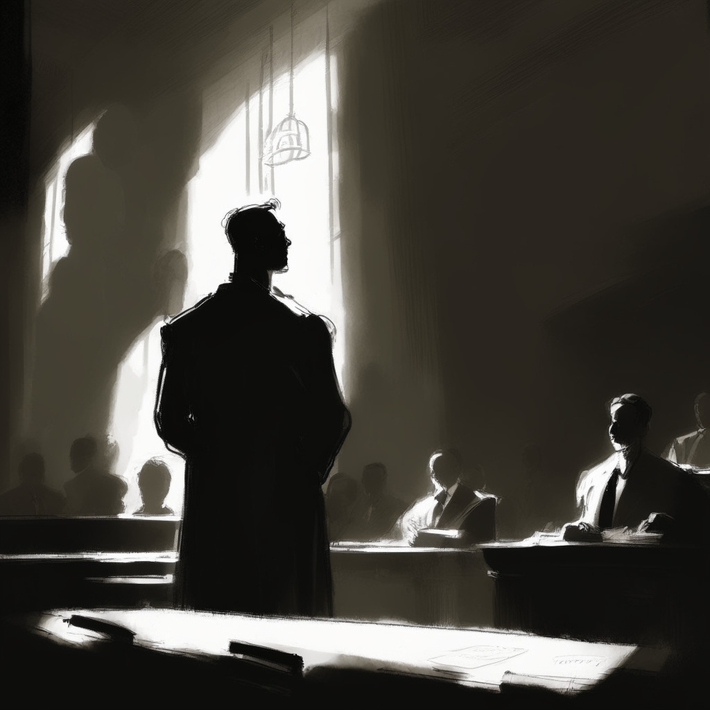 A scene from a dimly lit courtroom, a man, Sam Bankman-Fried, caught between the harsh light of law and soft glow of his philanthropic work. Shadowed figures embody the crypto community - observing, engaging, speculating. An overhead light casts a question mark as a reflection, symbolizing the paradox. A gloomy, impressionist styled atmosphere encapsulates the uncertainty.
