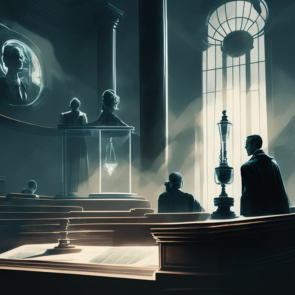 Dramatic courtroom scene softly lit to generate suspense, two characters representing crypto regulation and innovation stand at a clear glass scale. On one side, opaque deceits of the past weigh heavily; on the other, a lighter and transparent future. Tense, yet hopeful atmosphere hints at balanced growth and scrutiny in a crypto-context.