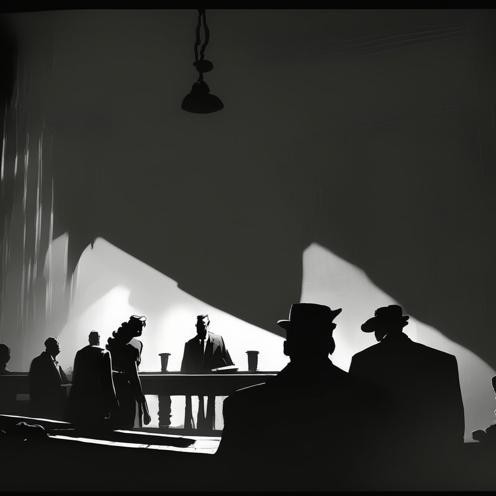 A dimly lit courtroom enveloped with dramatic shadows, centering on three figures in despair - a beleaguered man at the precipice facing charges, a regretful accomplice, and an impassive legal figure perturbing the scene. Render the image in a Film Noir style, emphasizing a suspenseful, intense atmosphere.