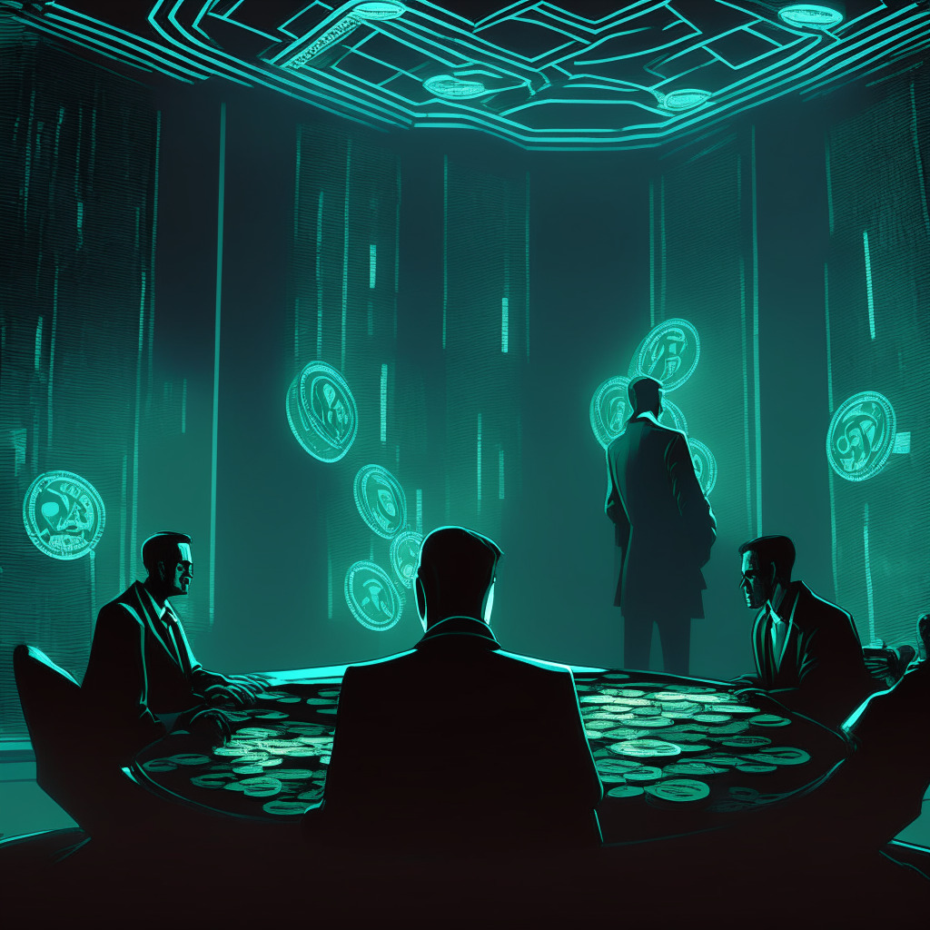 Neo-noir styled scene inside an opulent boardroom, somber mood. Three sharply dressed figures huddle over a glowing holographic projection of a virtual blockchain, each digital coin signifying funding projects. Flickers of uncertainty cast long, dramatic shadows on their faces. The room is filled with stacks of unspent virtual coins, representing unused funds.