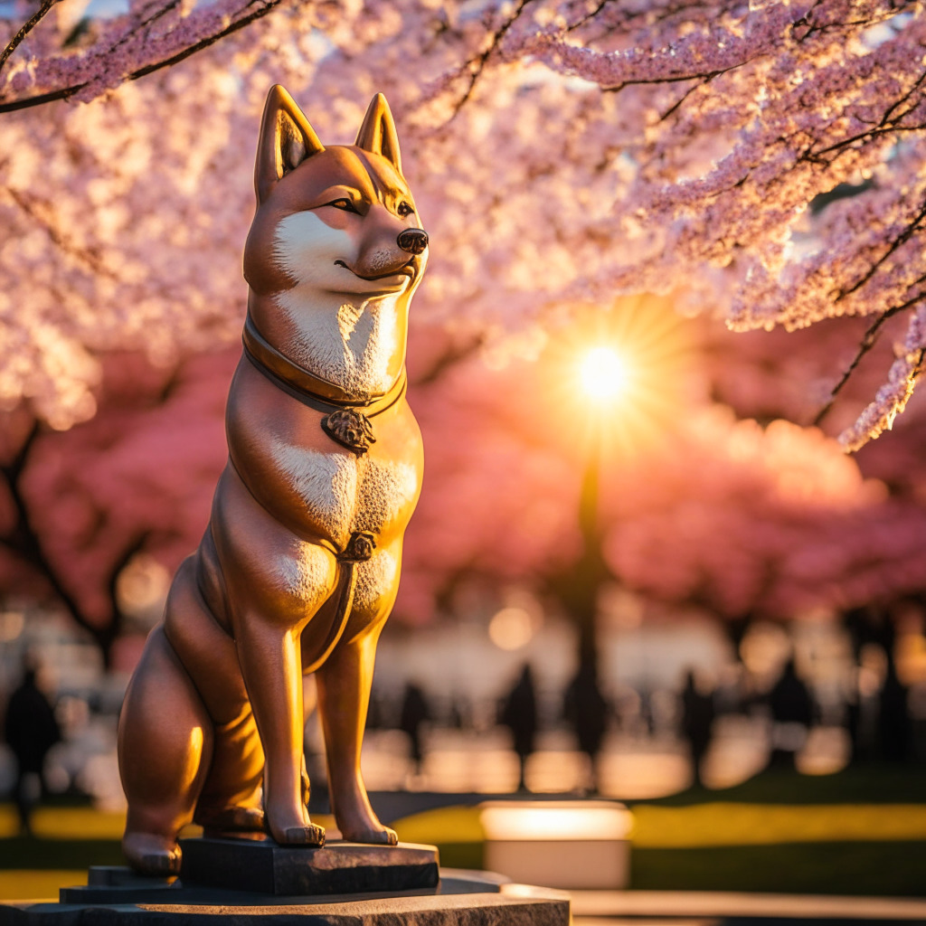 A bronze statue of Kabosu, the Shiba Inu associated with the infamous Dogecoin meme, stands proudly in Sakura Furusato Square, Japan amidst vibrant cherry blossoms. Seen under the soft light of a setting sun, the statue emanates an aura of determination, reflecting the relentless spirit of the Doge community. The atmosphere is filled with anticipation and excitement, mingling with a surreal, dream-like quality. Around the statue, an eager crowd gathers with tokens glowing in their hands, ready to honor their emblematic pet's 18th birthday.