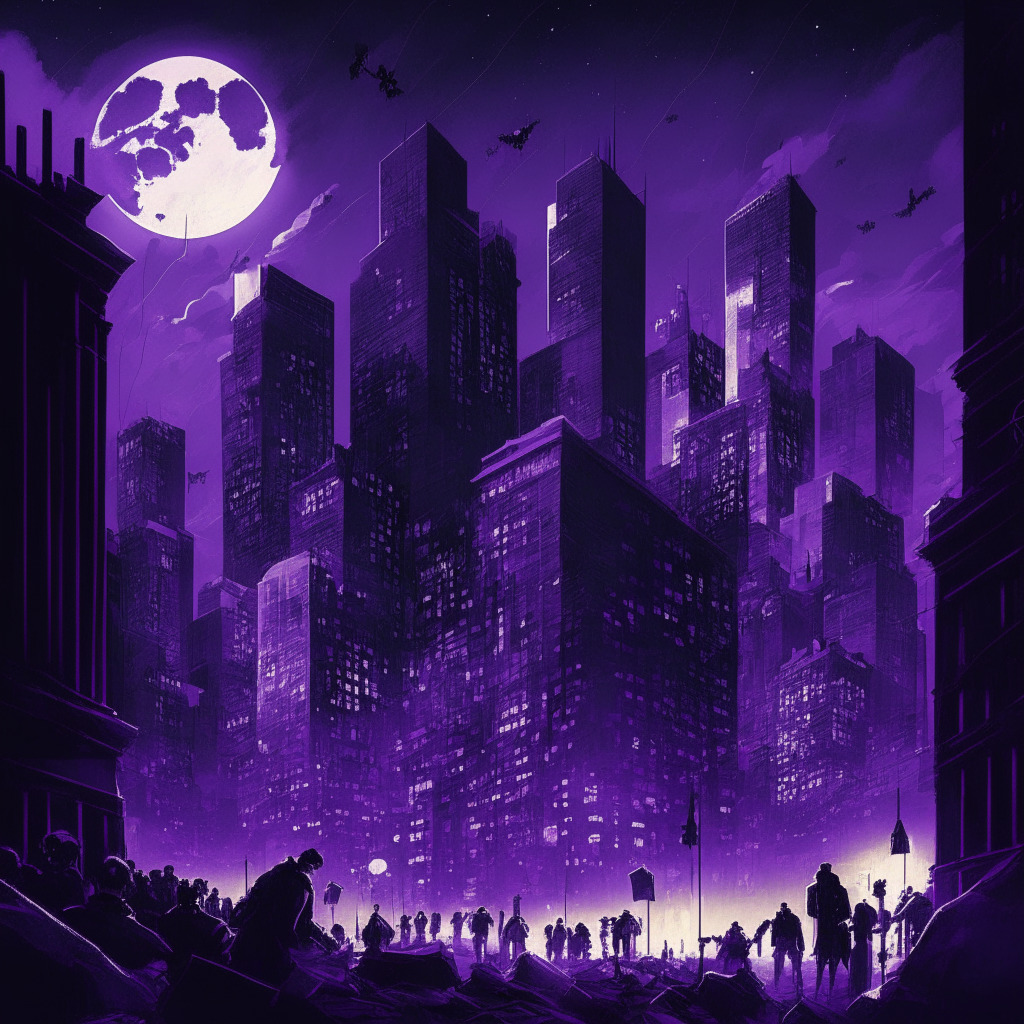 A busy crypto city buzzing with activity under the moonlight. Skyscrapers bear the symbol of complex algorithms, lights flicker signifying turbulent market flows. A court house at the core bathed in a dimmed purple hue casting shadows representing controversy, a money trail sneaking out from the back, hinting at alleged fraud. People explore cocoons of opportunity amidst the storm, discovering newly minted coins. The atmosphere is tense but tinged with hope. A Futurist, almost abstract expressionist style.