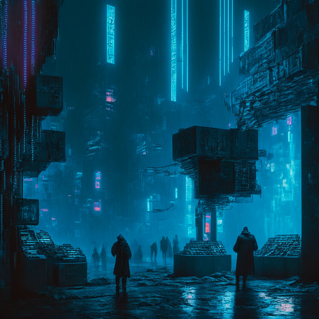 A dystopian future scene, a world controlled by digital currencies on the brink, illuminated by cold, harsh neon lights. Near future cityscape overshadowed by looming central banks, the embodiment of anonymity lost. Citizens with desolate expressions, metaphorically chained by an 'unseen power', a looming restriction on their finances. Palette filled with various shades of blues, highlighting the mood of apprehension & potential threat.