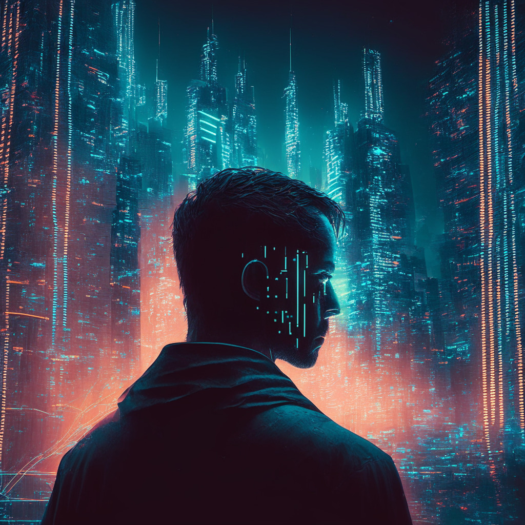 A dimly lit future metropolis pierced by streaks of neon, reflecting AI's omnipresence. In the foreground, a trader, his face illuminated by charts, algorithms, and AI software interfacing with cryptocurrency information. The cityscape encapsulates the stealthy allure of AI in crypto trading, the momentum building like a silent avalanche in a futuristic setting. The mood is intense, forecasting a digital revolution. The style merges film noir, cyberspace aesthetic, and contemporary Japanese anime. A balance between risk and reward, novelty and progression.