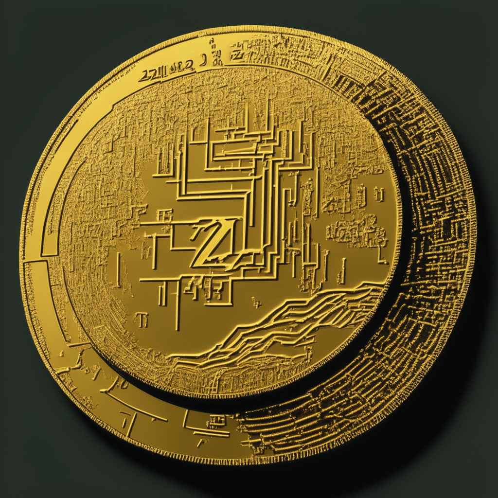 An abstract representation of a two-sided golden coin representing the complexities of cryptocurrency depicted on tumultuous digital waters, one side displaying Zimbabwe's new gold-backed digital token, ZiG, with notes of economic hope and stability, the other side portraying the controversial USDT minting by Alameda Research with impressions of provocative financial arbitrage. A monochromatic palette with golden highlights to signify the intense financial stakes under the dramatic, and ominous mood.