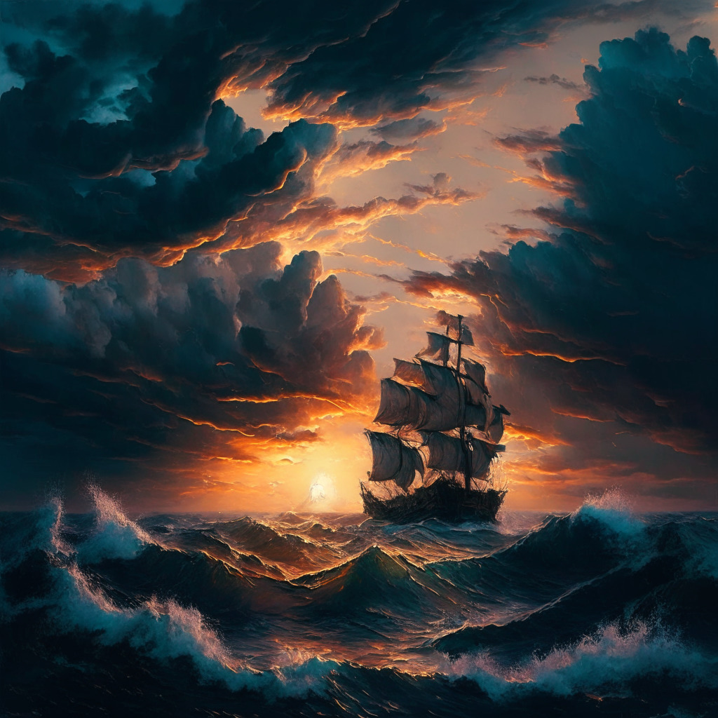 An ocean at sunset, reflecting the turbulent crypto market, stormy clouds symbolize market turbulence. In the fore, a stranded ship represents the struggling startups. Faint light breaks through the clouds signifying hope and resilience, resulting in a dynamic and dramatic atmosphere, styled in the rich textures of romanticism.