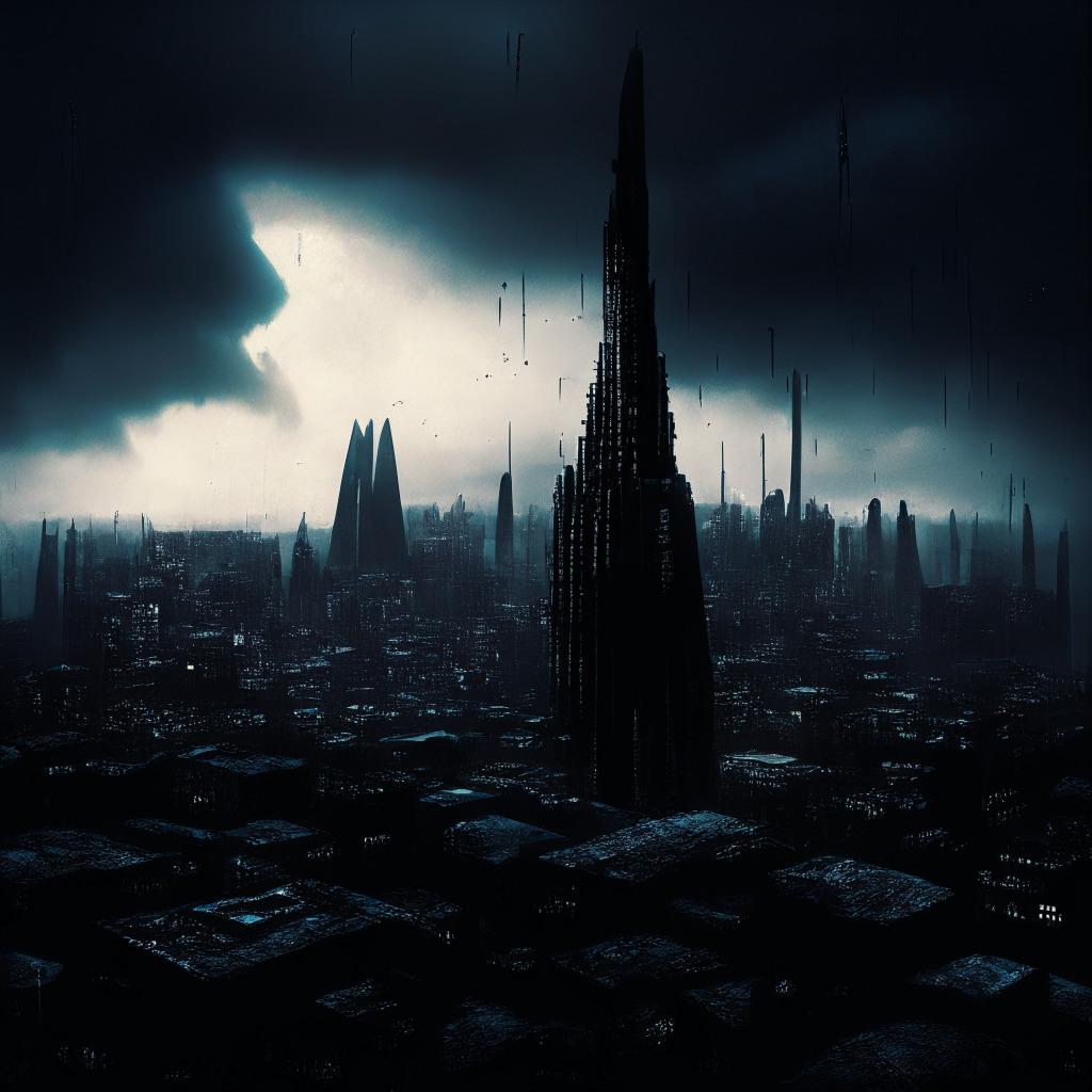 African city skyline under heavy clouds, Gothic noir style, dominated by shadow and cold light, with sinister undertones. Large digital eye representing data mining looms ominously over city. Elevated view of citizens lining up, clueless, mirroring naive acceptance of trade-off. Blockchain symbols sporadically spread, symbolizing complex connections.