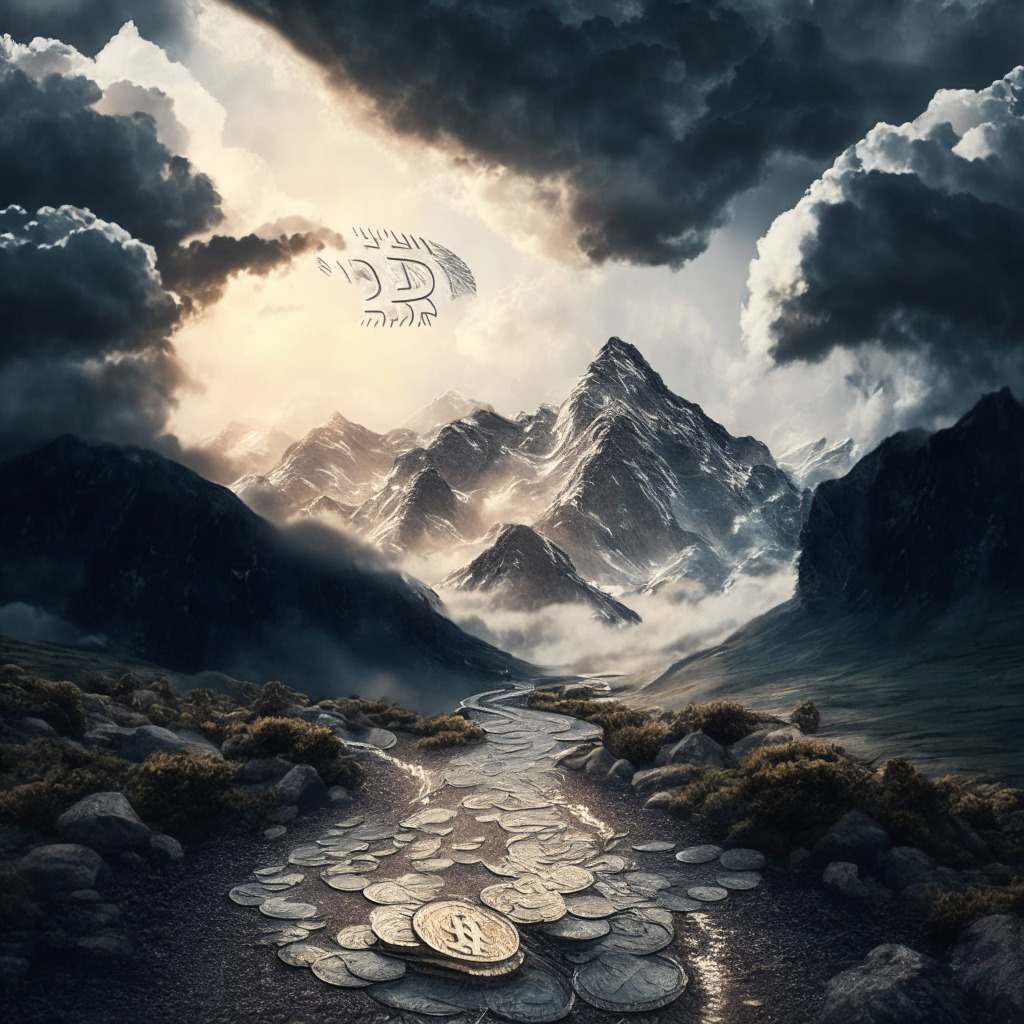 Dramatic, turbulent sky over an ascending mountain path, gloriously bathed in the soft morning light, signaling optimism. On the path, displayed, a silver cryptic coin labelled XRP. The backdrop, a chaotic financial market made of rising and falling lines, symbolizing uncertainty.