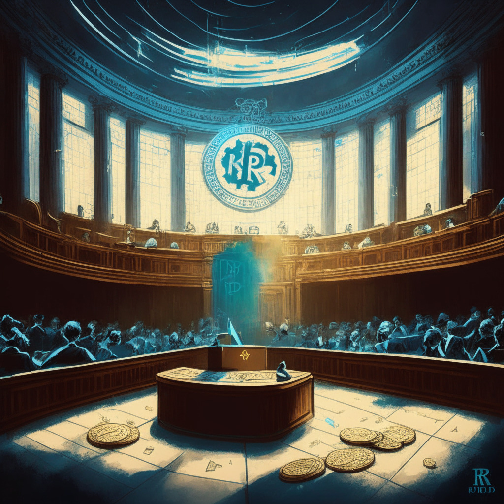 A traditional courtroom set against a backdrop of a rising line graph, symbolizing the enduring XRP uptrend despite challenges. Cryptocurrency coins scattered across, with the shining XRP coin standing bold. On the other hand, envision a young, fresh coin (MK), untamed and full of promise, ready to disrupt the scene. The whole scene is painted in a surrealistic style with the light illuminating the XRP coin to reflect optimism amidst a slightly bearish ambiance, setting a mood of cautious anticipation and adventure.