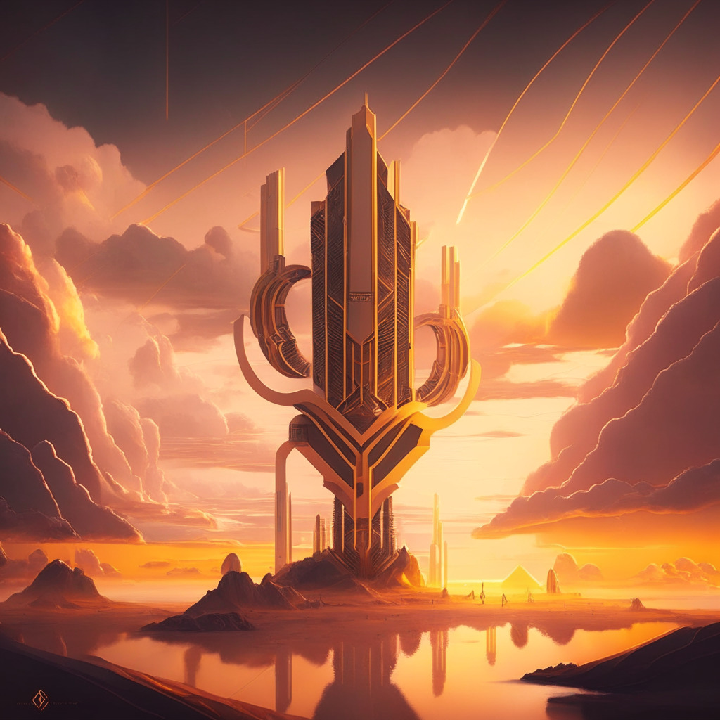 A futuristic financial landscape bathed in warm sunset hues, populated by resolute yet ethereal constructs representing XRP. The constructs symbolize resilience and momentum, soaring gracefully against the backdrop of a turbulent market symbolized by stormy clouds. One construct stands taller, symbolising the victorious legal battle, illuminated in a triumphant golden victory light. A notable element is a winding path, showing the fluctuation journey of cryptocurrency but predominantly upward reflecting growth, potential breaking points such as the $0.55 mark subtly highlighted. Artistic style is surrealistically optimistic, the mood is hopeful yet cautious.