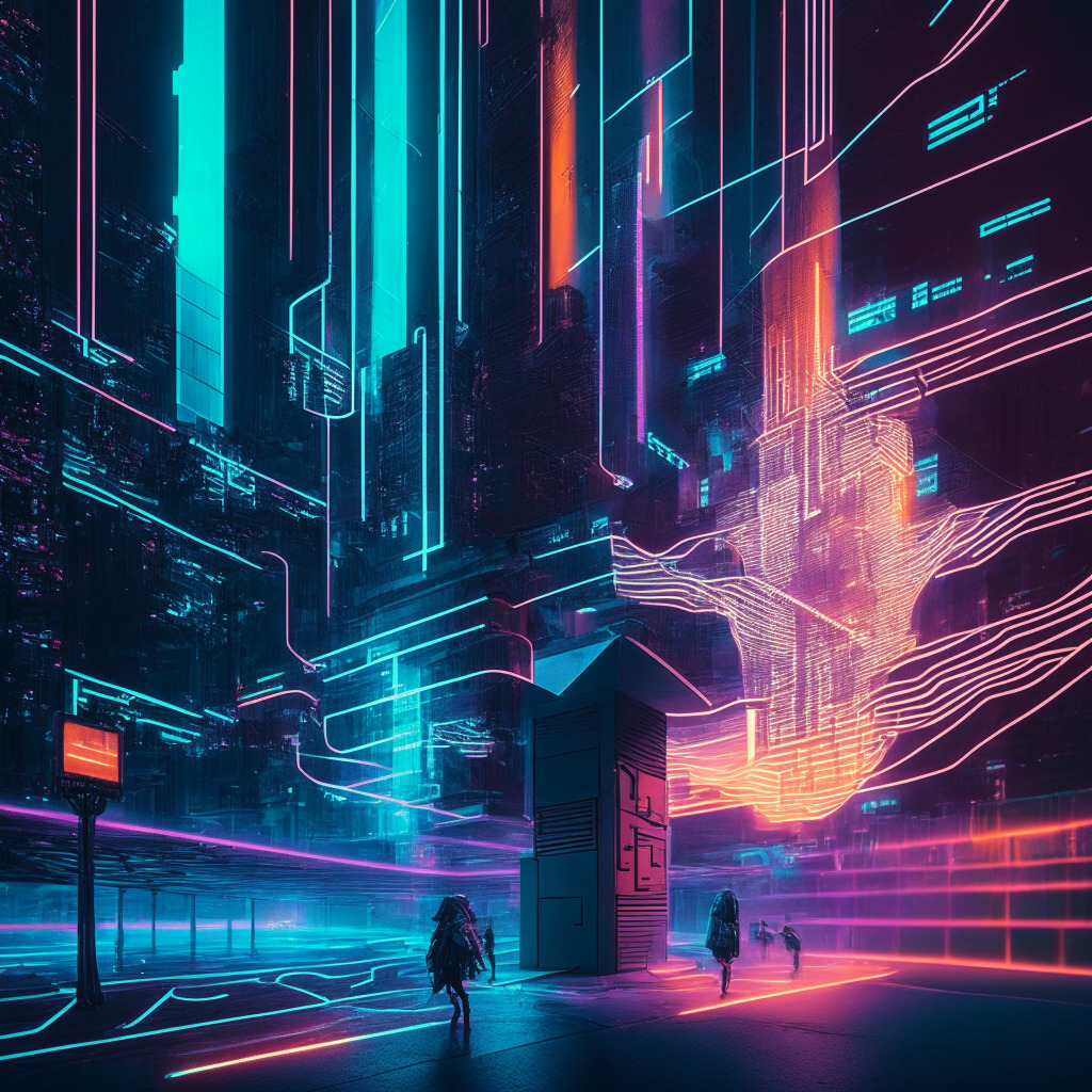 A revolutionary scene in a futuristic cityscape, stark contrast in daybreak hues and shadows. Dynamic interaction between cutting-edge digital payment devices, invisible streams of secure, encrypted data depicted as neon flowing lines. Silent, non-custodial wallets, merging into classic payment systems, suggesting the seamless integration of past and future. Ethereum-like structure, glowing with compatibility and unity. Tone implying privacy, trust, innovation in the world of crypto transactions.