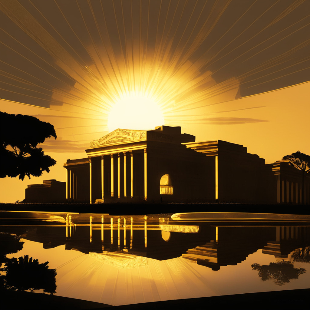 Sunset over the Reserve Bank of Zimbabwe, shadows casting an almost gold-like glow, neoclassical architectural style. A futuristic burst of digital gold tokens is swirling around the bank indicating the transition to a new era. The tokens emit a warm ambient light, reflecting a sense of hope and transformation despite grey economic backdrop. A double-edged sword hangs high above, illustrating the trepidation and uncertainty in the air.