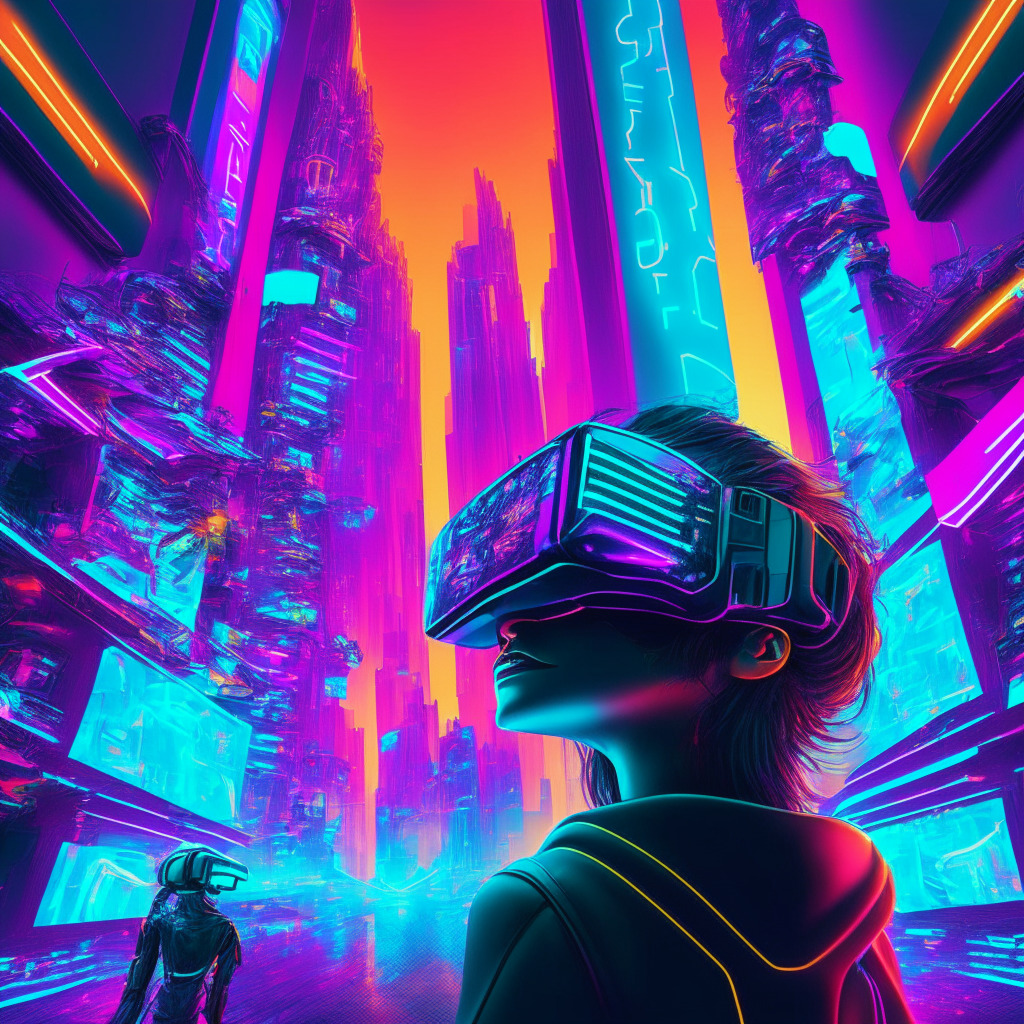 A futuristic metropolis glowing under neon lights, AI avatars mingling and engaging with each other across innovative social platforms. Virtual and augmented reality (VR/AR) realms vibrant with colors and activities, AI-powered glasses offering immersive experiences. A tinge of optimism coloring the canvas despite the challenges lurking in the darker corners, solo 3D figure representing aspiration and persistence. Artistic style: Cyberpunk, Mood: hopeful despite struggle.